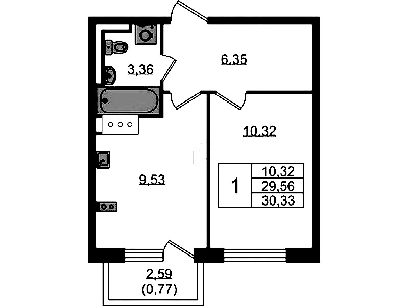 1-комнатная квартира 30.33 м², 5/13 эт., ЖК «Квартал Торики»